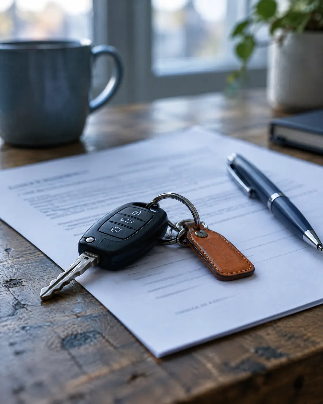 Chave do carro sobre um documento assinado, numa mesa de madeira ao lado de uma caneta.