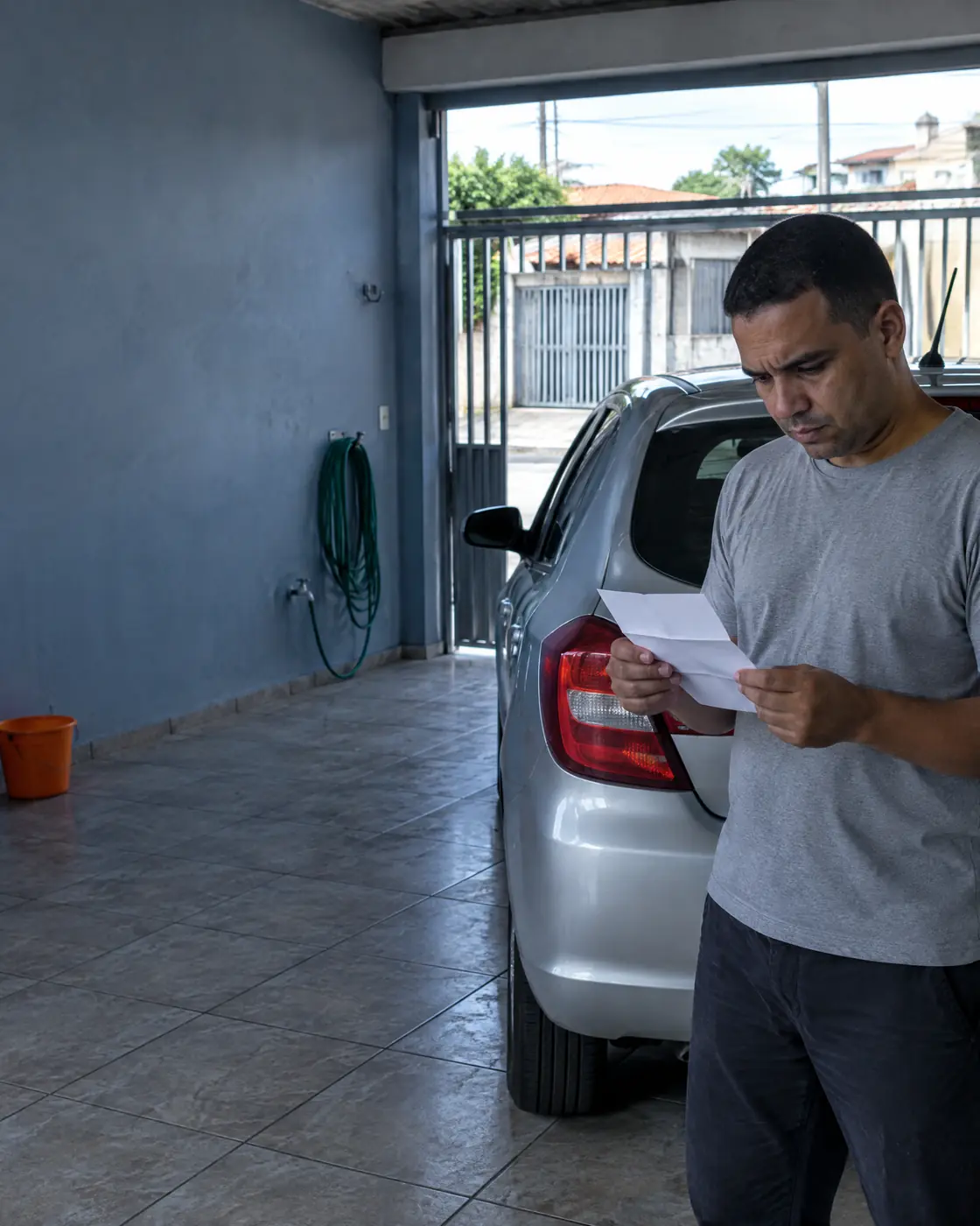 Homem lê uma carta em pé na garagem de casa, ao lado do carro prata.