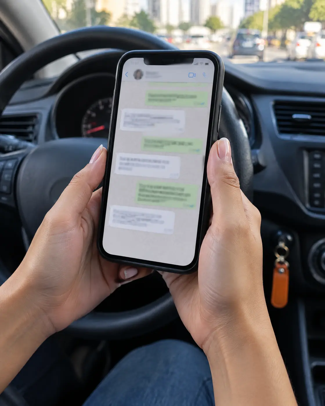 Mãos de uma motorista seguram o celular com uma conversa aberta no WhatsApp, dentro do carro.